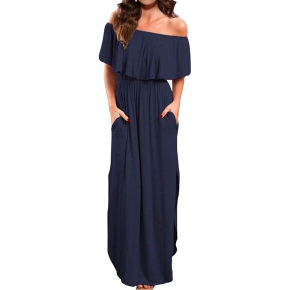 VERABENDI Off Shoulder Ruffle Split Hem Maxi Dress - Medium - Picture 2 of 14